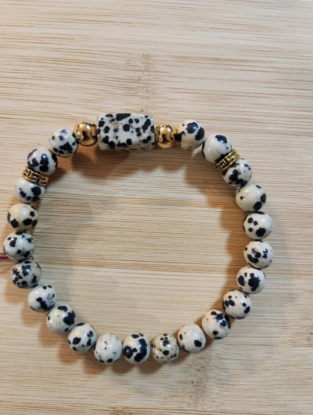 Hand Crafted Dalmatian Jasper Stretch Bracelet With Gold Accents Black Beige